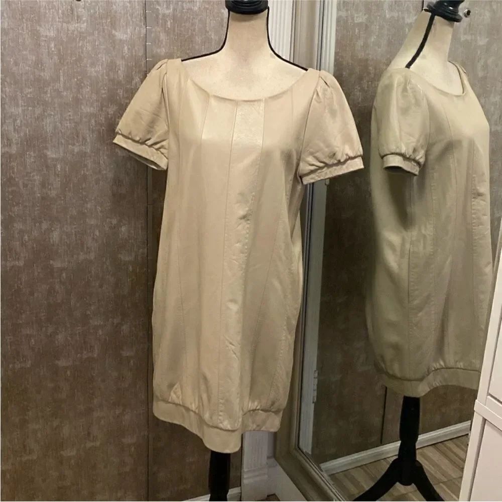 Elegant Beige Puff Sleeve  genuine leather Dress, M